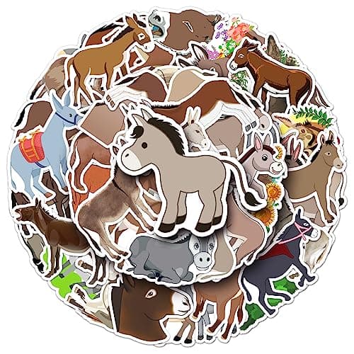 50PCS Cute Cartoon Donkey Stickers Pack, Waterproof Vinyl Animal Decals for Tumblers Water Bottles Laptops Luggage Scrapbooking Journal, Animal Lovers DIY Crafts Gifts for Adults Teens Kids